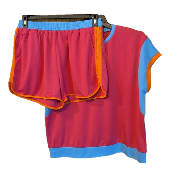 2 pc Patchwork Cap Sleeve Tee Shirt and Shorts Pink Orange Blue Women XL - Picture 1 of 16